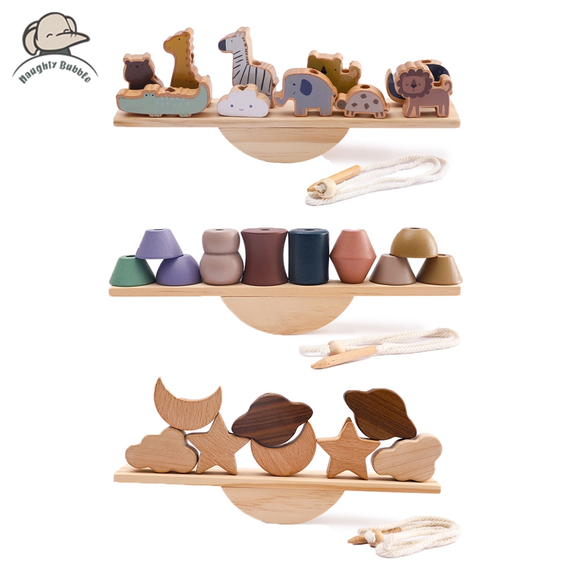Wooden Blocks Stacking - Bebê animal threading brinquedos de madeira